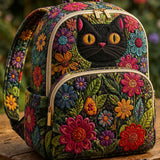 Black Cat & Wildflowers Quilted Backpack