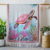 Vibrant Coral Turtle Woven Sofa Blanket